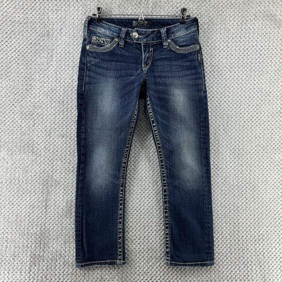 Silver Jeans Women 27 Blue Dark Wash Tuesday Low Capri Embroidered Festival - Picture 1 of 16